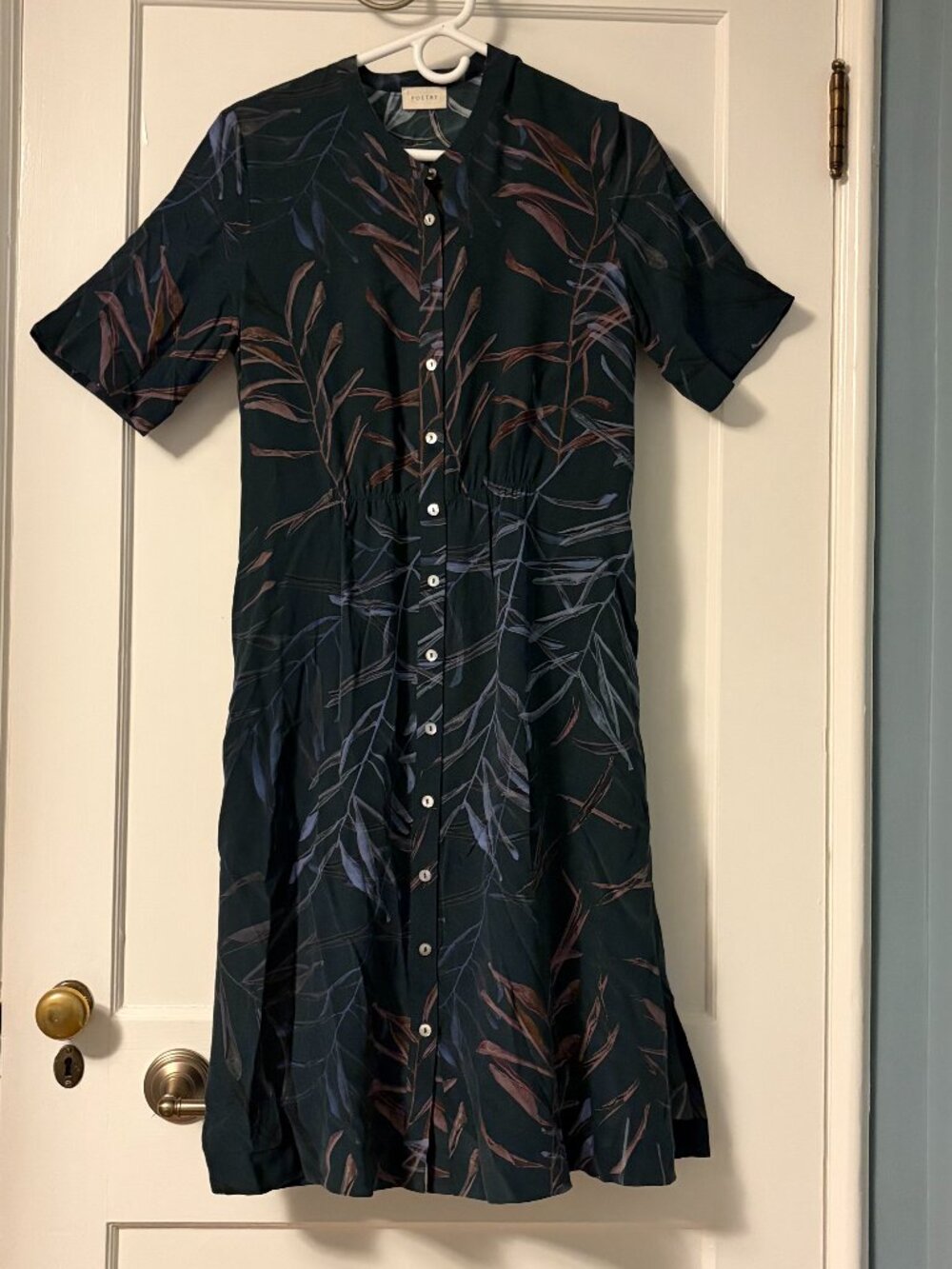 Poetry dark green 100% silk botanial print button front shirt dress size 4